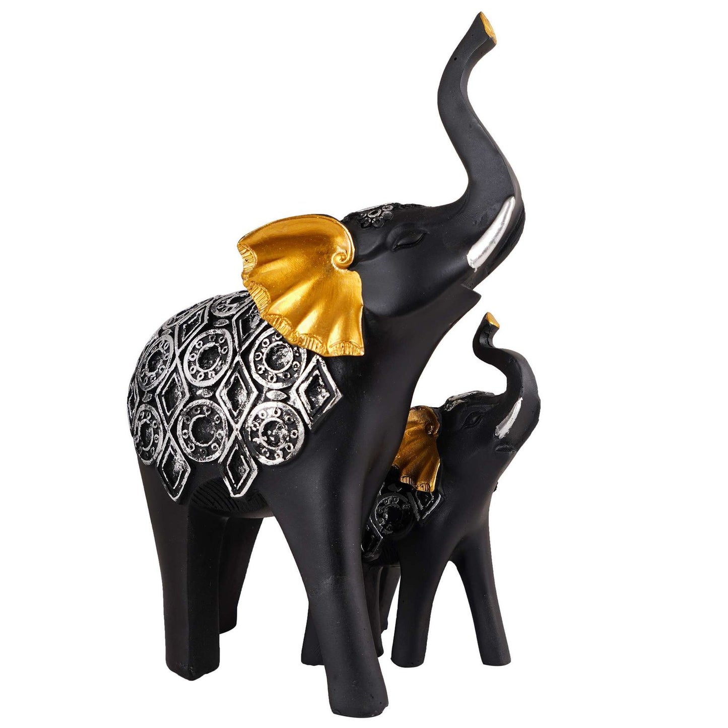 Polyresin Elephant Showpiece Statue and Artifacts for Home Decor, Living Room, Table Decoration for Gifting, Interiors and Diwali Decoration Black Golden (Set Of 2)