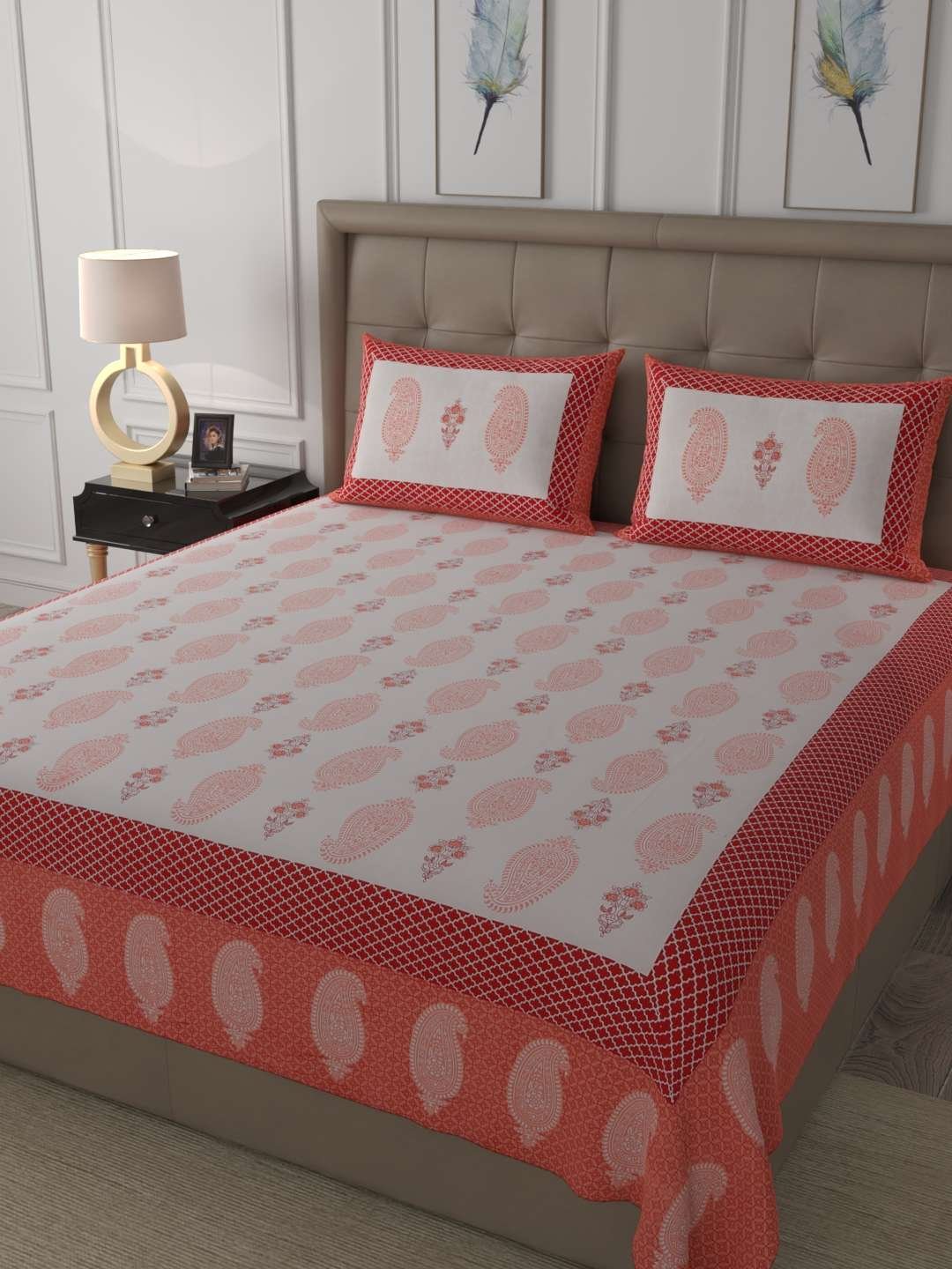100% Pure Cotton Traditional Printed Bedsheet for Double Bed King Size Bedsheet with 2 Pillow Covers