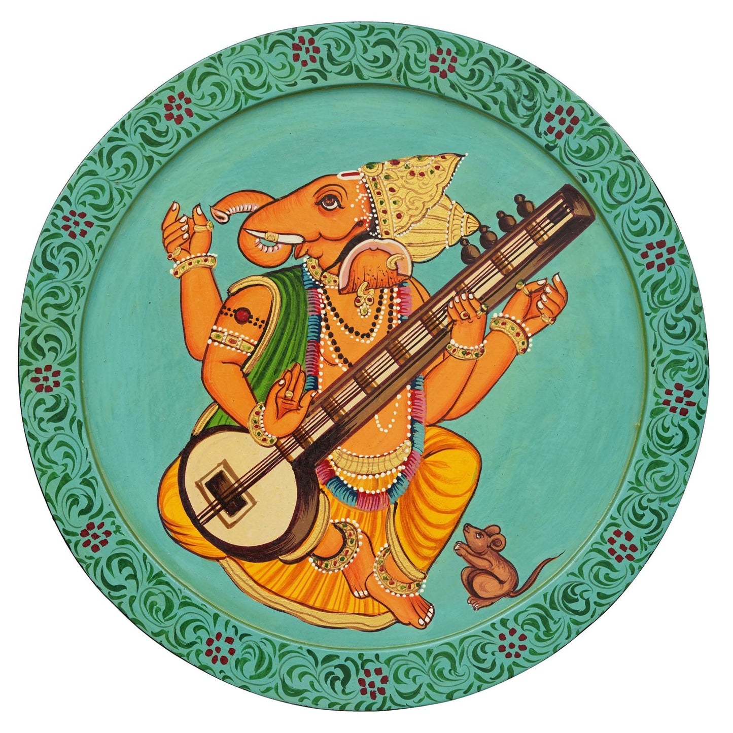 This beautiful pichwai painting features a majestic ganesh ji perched on a vibrant flowering branch.