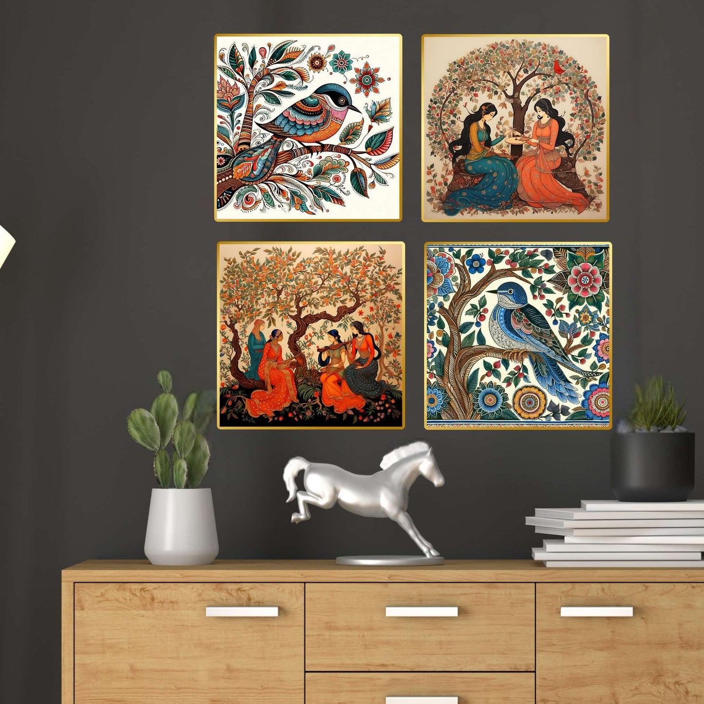 Set of Four Wall Paintings for Wall Dacoration Golden Framed Wall Paintings for Living Room & Bedroom Wall Art for Home Decoration & Office Wall Décor (13×10 inch CH-GD4-8)
