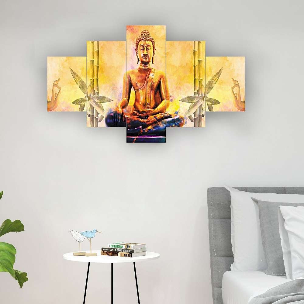 Buddha Set of Five 3D Framed Paintings for Wall Decoration – Ideal for Home, Living Room, and Bedroom (125 x 60 CM)