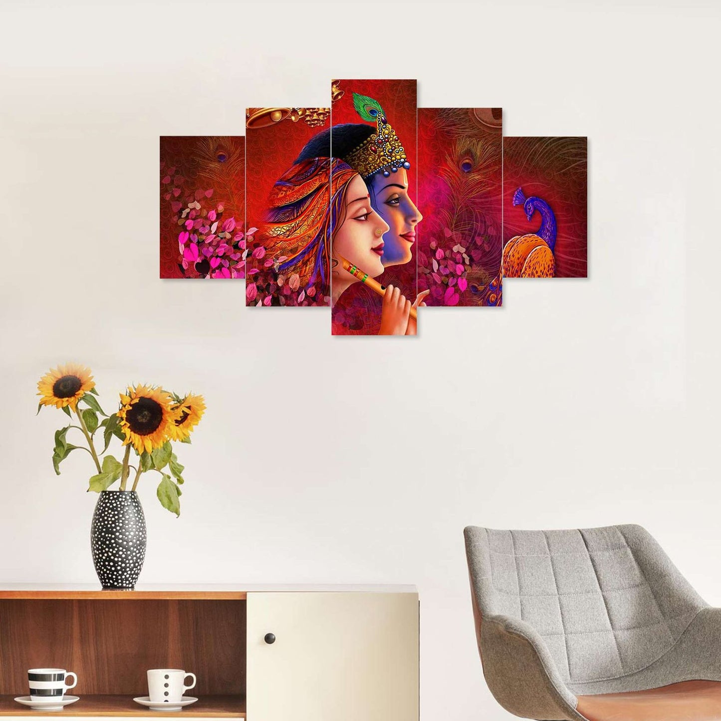 Radhe Krishna Set of Five 3D Framed Paintings for Wall Decoration – Ideal for Home, Living Room, and Bedroom (75 x 43 CM)