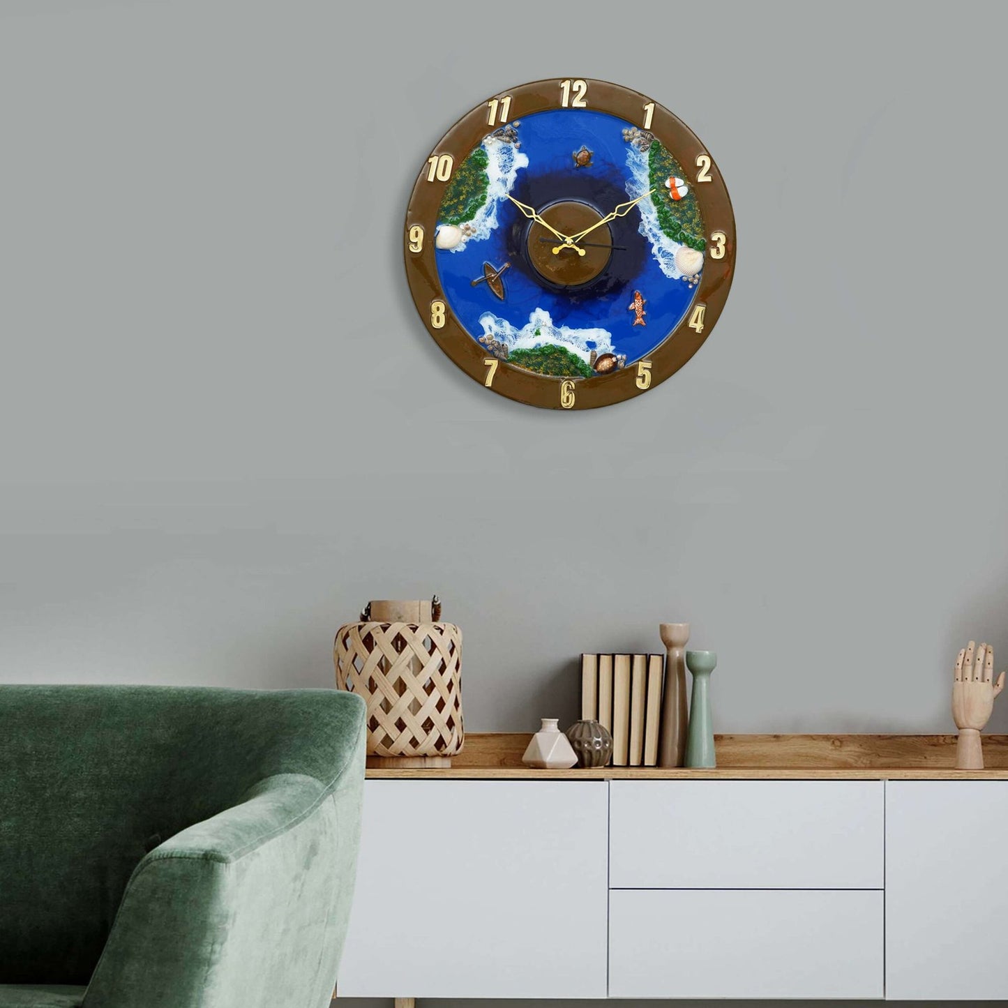 Exquisite Wooden Handmade Wall Clock Ocen Blue ith Green And White Printed Acrylic Wall Clock For Home & Office Decorative Big Size Clock (16 Inch)