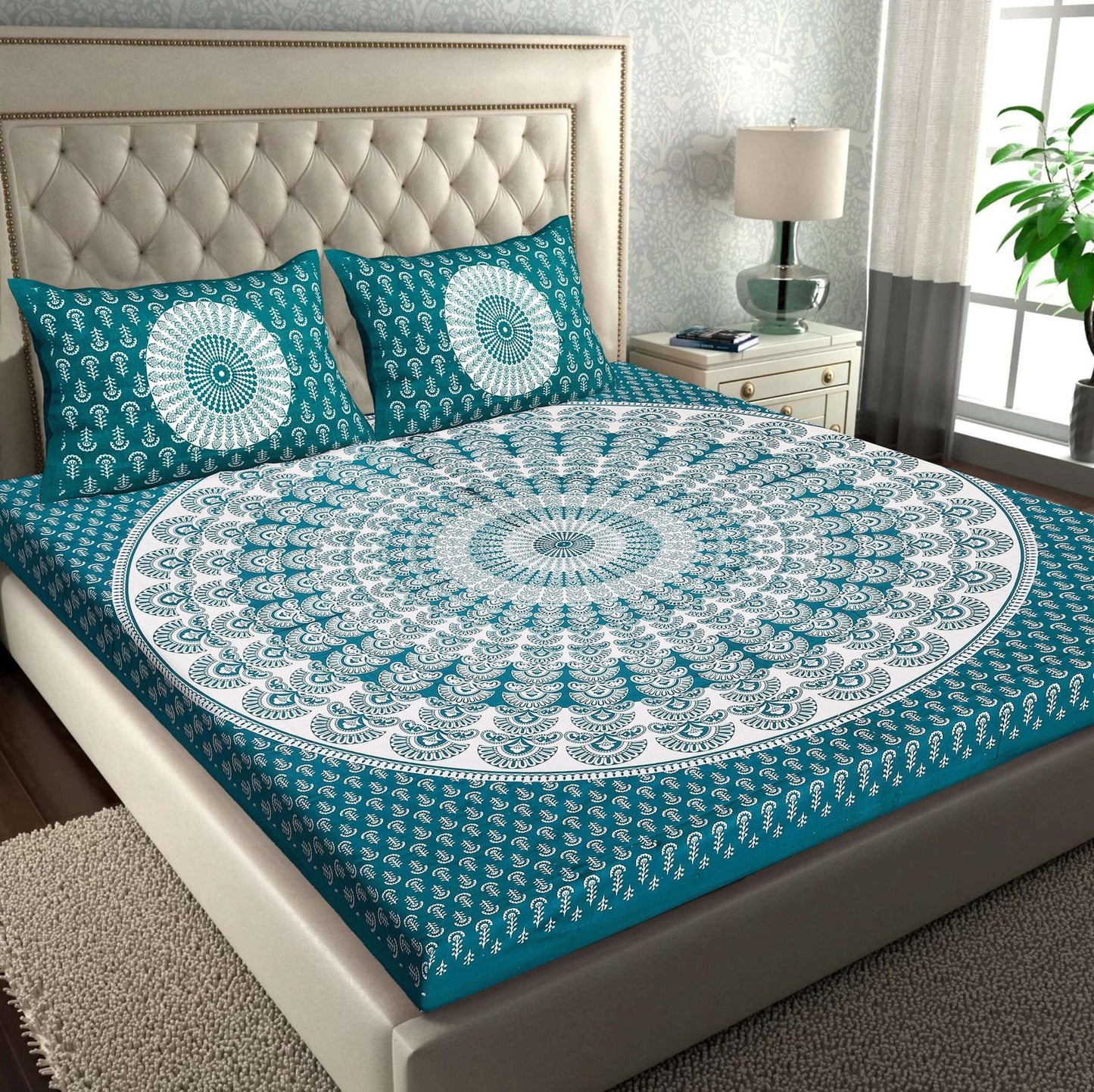 100% Pure Cotton Traditional Printed Bedsheet for Double Bed King Size Bedsheet with 2 Pillow Covers