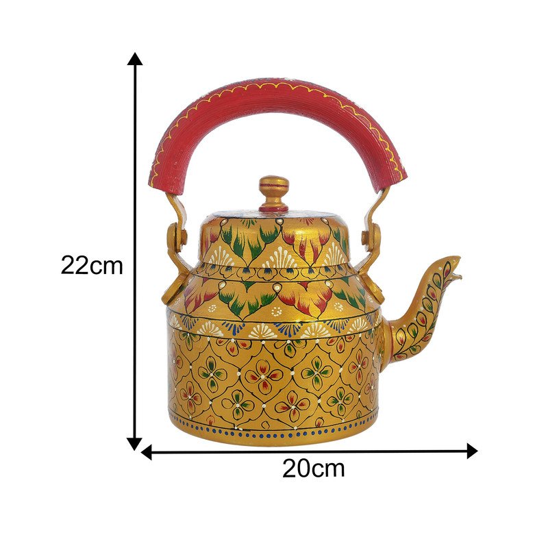 HandPainted Alluminium Tea Kettle with Four Glasses and Wooden Tray For Home Décor , Tea Party , Serving