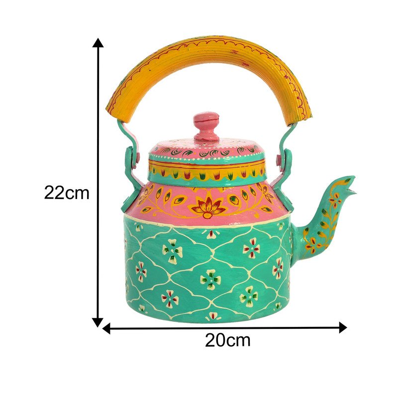 HandPainted Alluminium Tea Kettle with Four Glasses and Wooden Tray For Home Décor , Tea Party , Serving