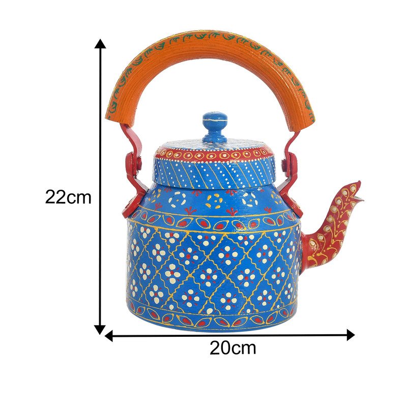 HandPainted Alluminium Tea Kettle with 6 Glasses and Wooden Tray For Home Décor , Tea Party , Serving