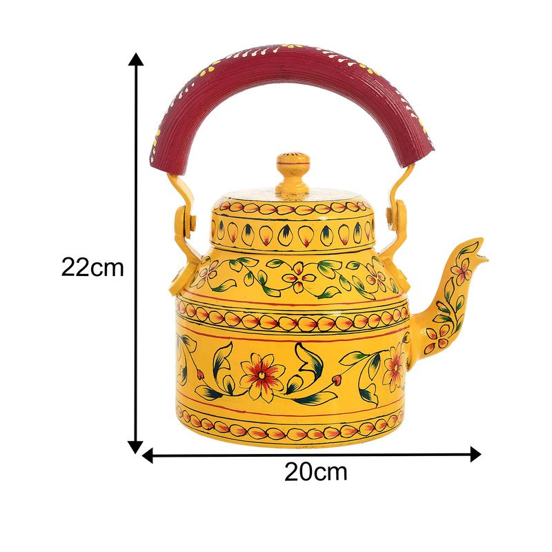 HandPainted Alluminium Tea Kettle with Four Glasses and Wooden Tray For Home Décor , Tea Party , Serving