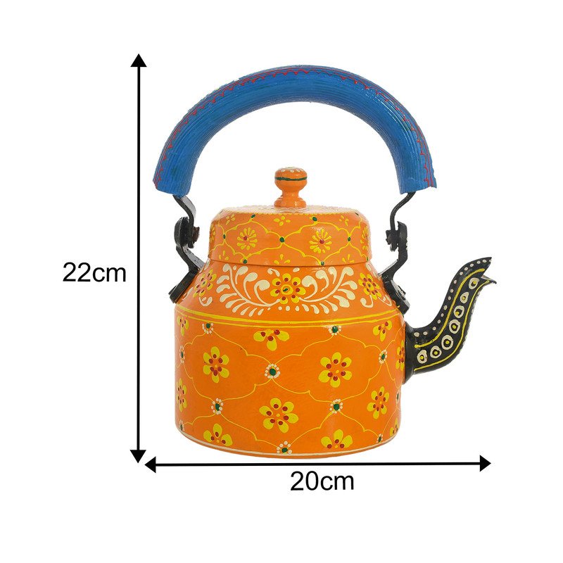 HandPainted Alluminium Tea Kettle with 6 Glasses and Wooden Tray For Home Décor , Tea Party , Serving