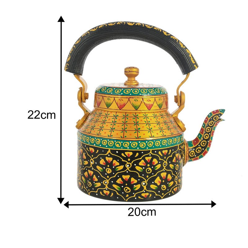 HandPainted Alluminium Tea Kettle with Four Glasses and Wooden Tray For Home Décor , Tea Party , Serving