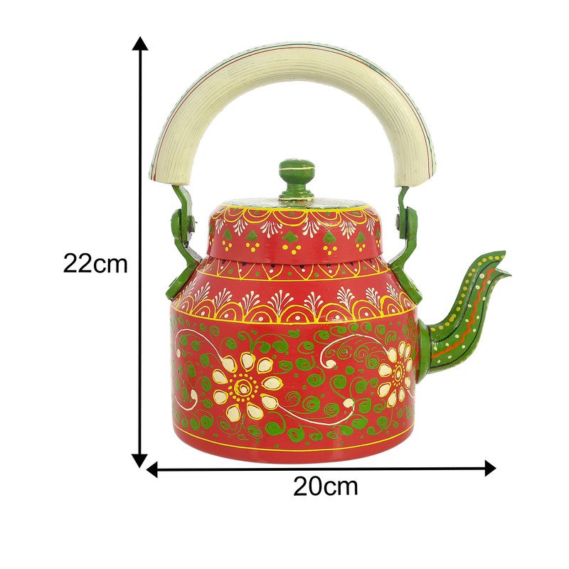 HandPainted Alluminium Tea Kettle with 6 Glasses and Wooden Tray For Home Décor , Tea Party , Serving