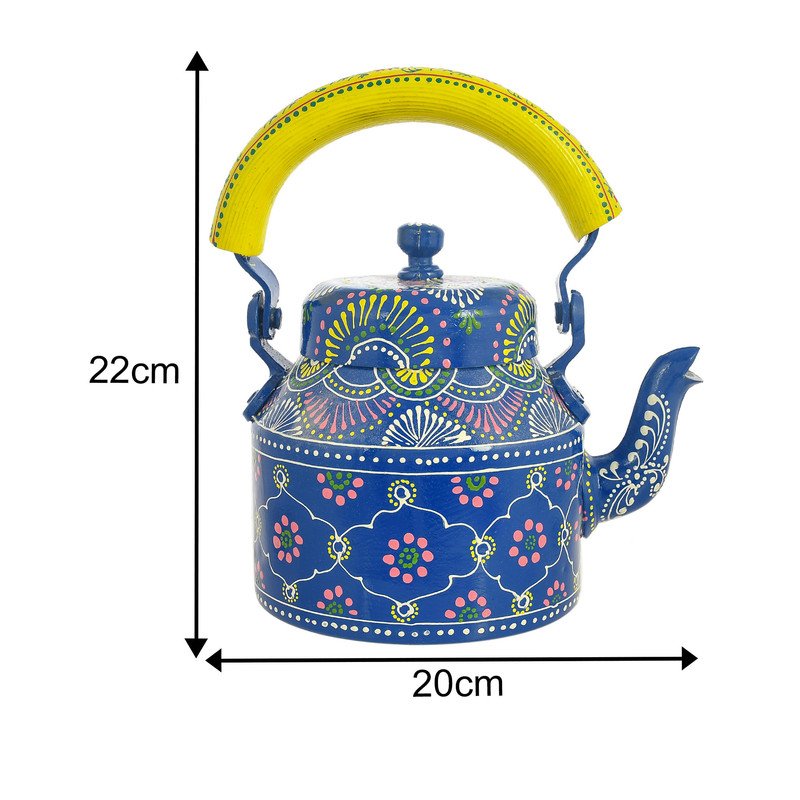 HandPainted Alluminium Tea Kettle with 6 Glasses and Wooden Tray For Home Décor , Tea Party , Serving