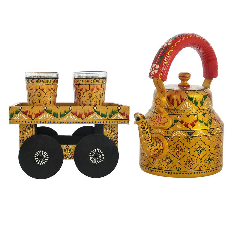 HandPainted Alluminium Tea Kettle with Four Glasses and Wooden Tray For Home Décor , Tea Party , Serving