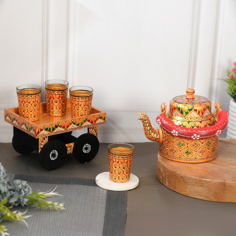 HandPainted Alluminium Tea Kettle with Four Glasses and Wooden Tray For Home Décor , Tea Party , Serving