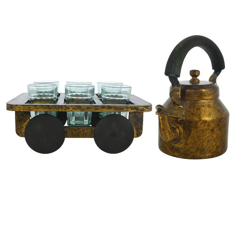 HandPainted Alluminium Tea Kettle with 6 Glasses and Wooden Tray For Home Décor , Tea Party , Serving