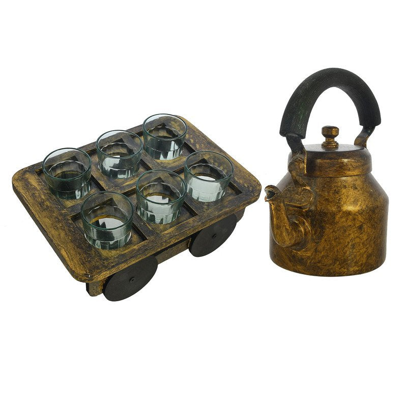 HandPainted Alluminium Tea Kettle with 6 Glasses and Wooden Tray For Home Décor , Tea Party , Serving