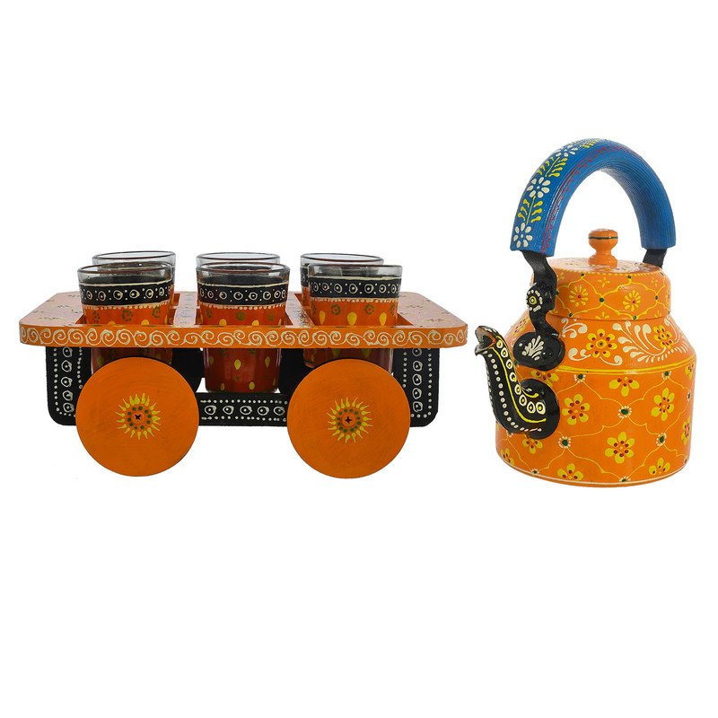 HandPainted Alluminium Tea Kettle with 6 Glasses and Wooden Tray For Home Décor , Tea Party , Serving