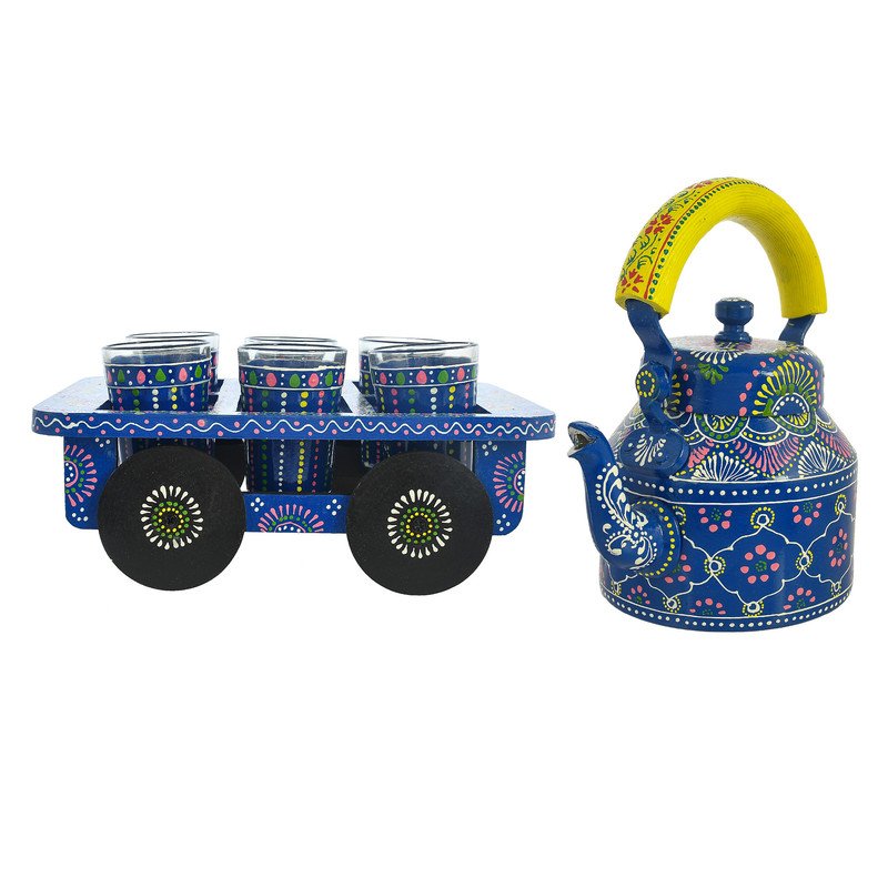 HandPainted Alluminium Tea Kettle with 6 Glasses and Wooden Tray For Home Décor , Tea Party , Serving