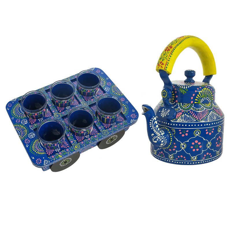 HandPainted Alluminium Tea Kettle with 6 Glasses and Wooden Tray For Home Décor , Tea Party , Serving