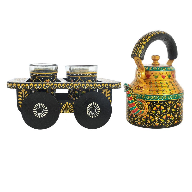 HandPainted Alluminium Tea Kettle with Four Glasses and Wooden Tray For Home Décor , Tea Party , Serving