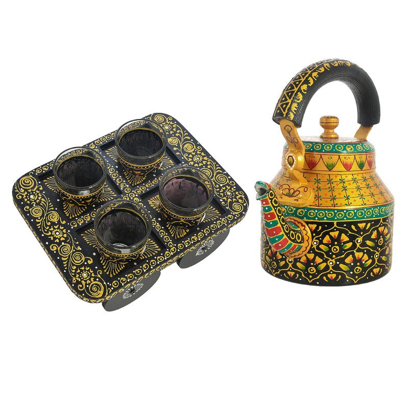 HandPainted Alluminium Tea Kettle with Four Glasses and Wooden Tray For Home Décor , Tea Party , Serving