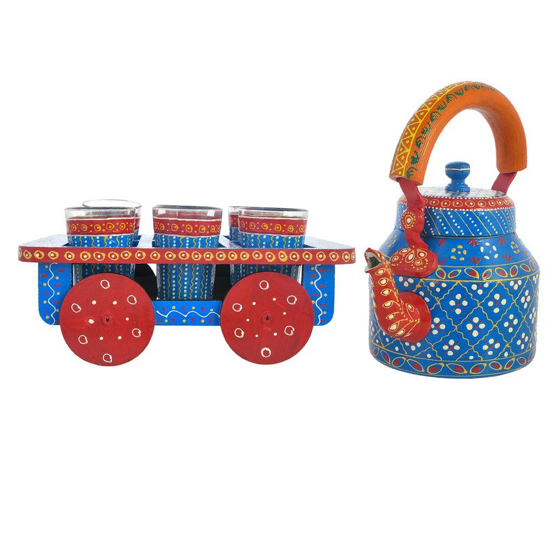 HandPainted Alluminium Tea Kettle with 6 Glasses and Wooden Tray For Home Décor , Tea Party , Serving