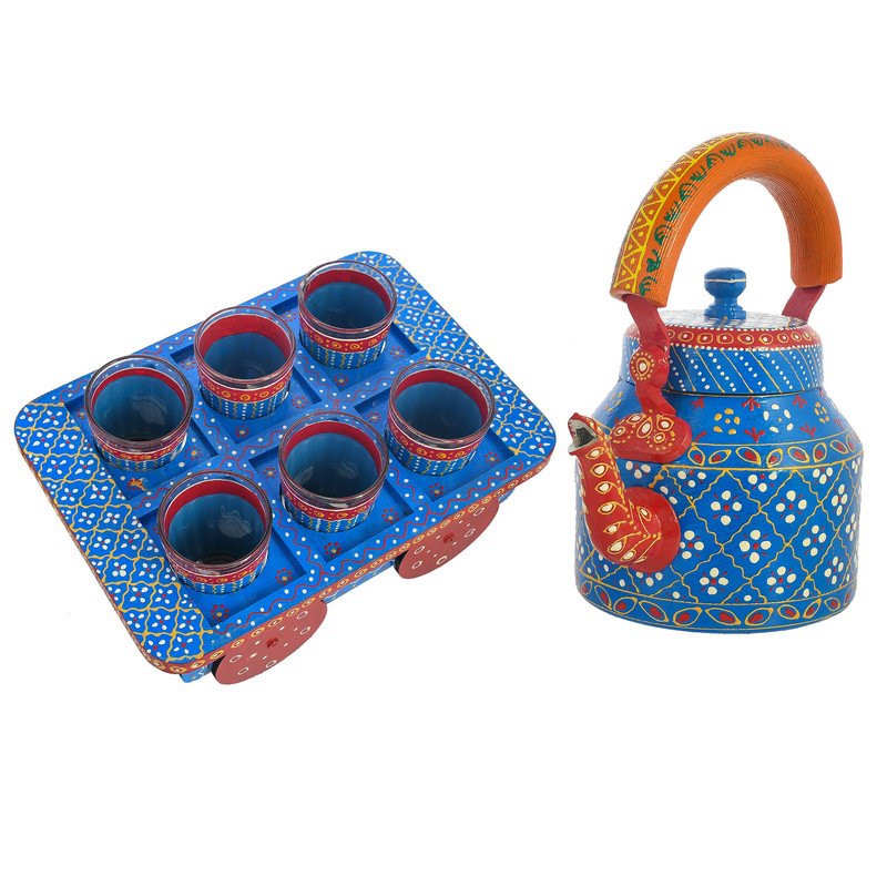 HandPainted Alluminium Tea Kettle with 6 Glasses and Wooden Tray For Home Décor , Tea Party , Serving