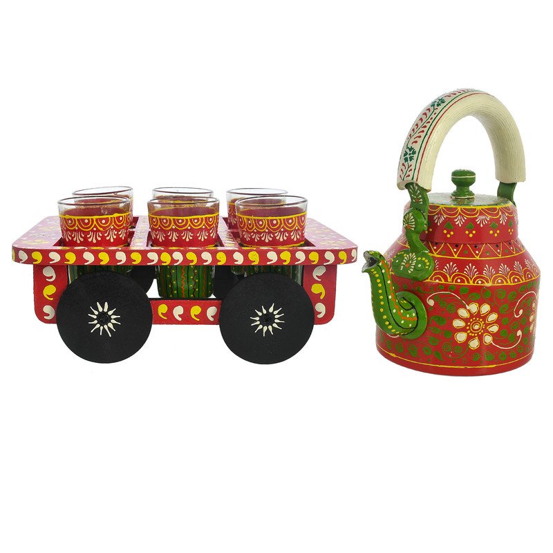 HandPainted Alluminium Tea Kettle with 6 Glasses and Wooden Tray For Home Décor , Tea Party , Serving