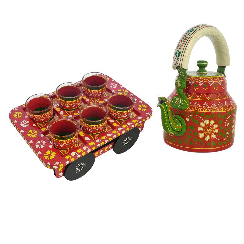 HandPainted Alluminium Tea Kettle with 6 Glasses and Wooden Tray For Home Décor , Tea Party , Serving