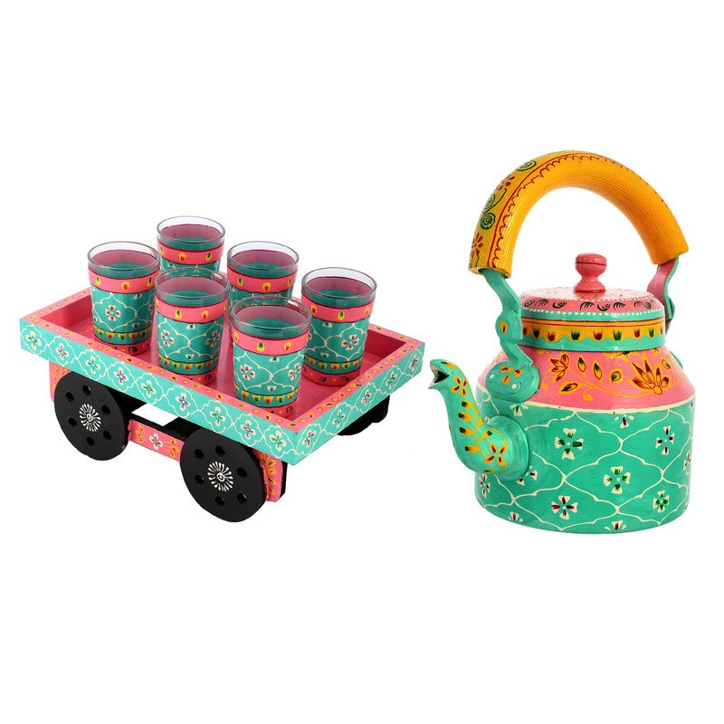 HandPainted Alluminium Tea Kettle with 6 Glasses and Wooden Tray For Home Décor , Tea Party , Serving