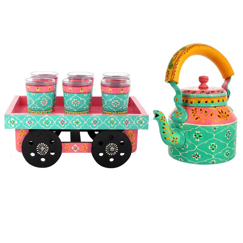HandPainted Alluminium Tea Kettle with 6 Glasses and Wooden Tray For Home Décor , Tea Party , Serving