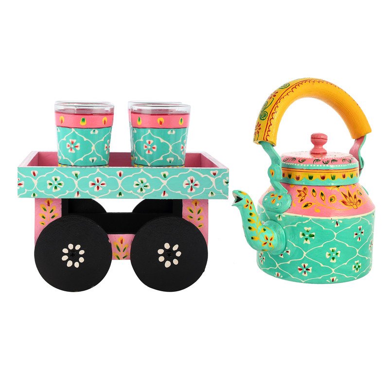 HandPainted Alluminium Tea Kettle with Four Glasses and Wooden Tray For Home Décor , Tea Party , Serving