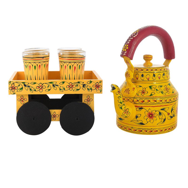HandPainted Alluminium Tea Kettle with Four Glasses and Wooden Tray For Home Décor , Tea Party , Serving