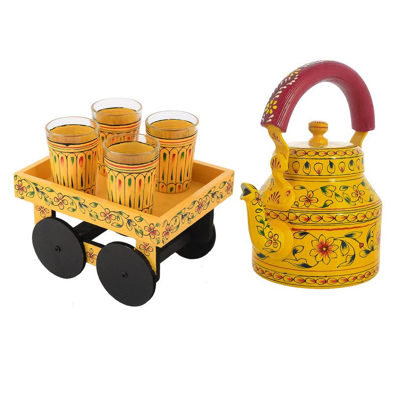 HandPainted Alluminium Tea Kettle with Four Glasses and Wooden Tray For Home Décor , Tea Party , Serving