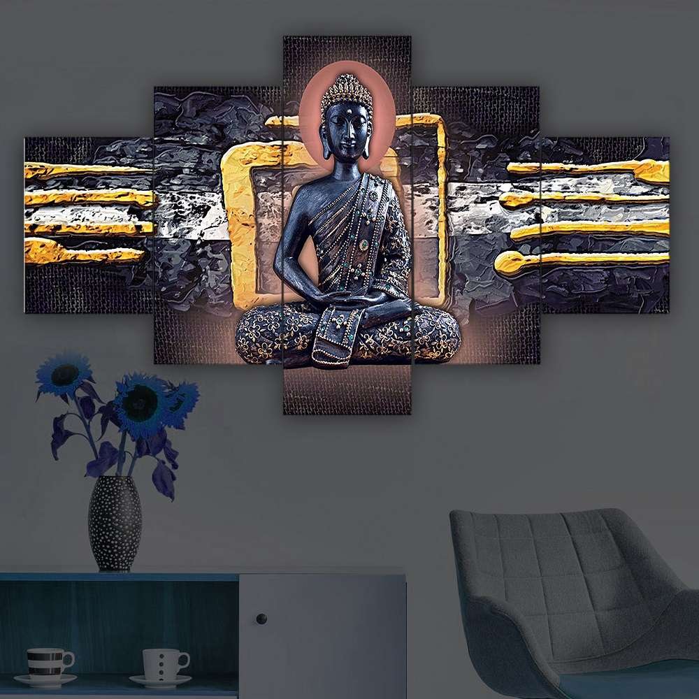 Buddha Set of Five 3D Framed Paintings for Wall Decoration – Ideal for Home, Living Room, and Bedroom (125 x 60 CM)