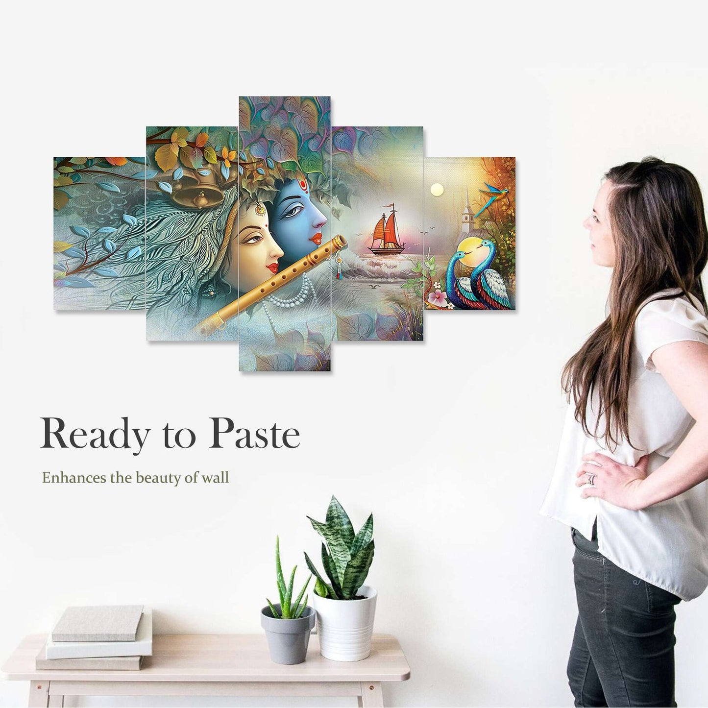 Radhe Krishna Set of Five 3D Framed Paintings for Wall Decoration – Ideal for Home, Living Room, and Bedroom (125 x 60 CM)