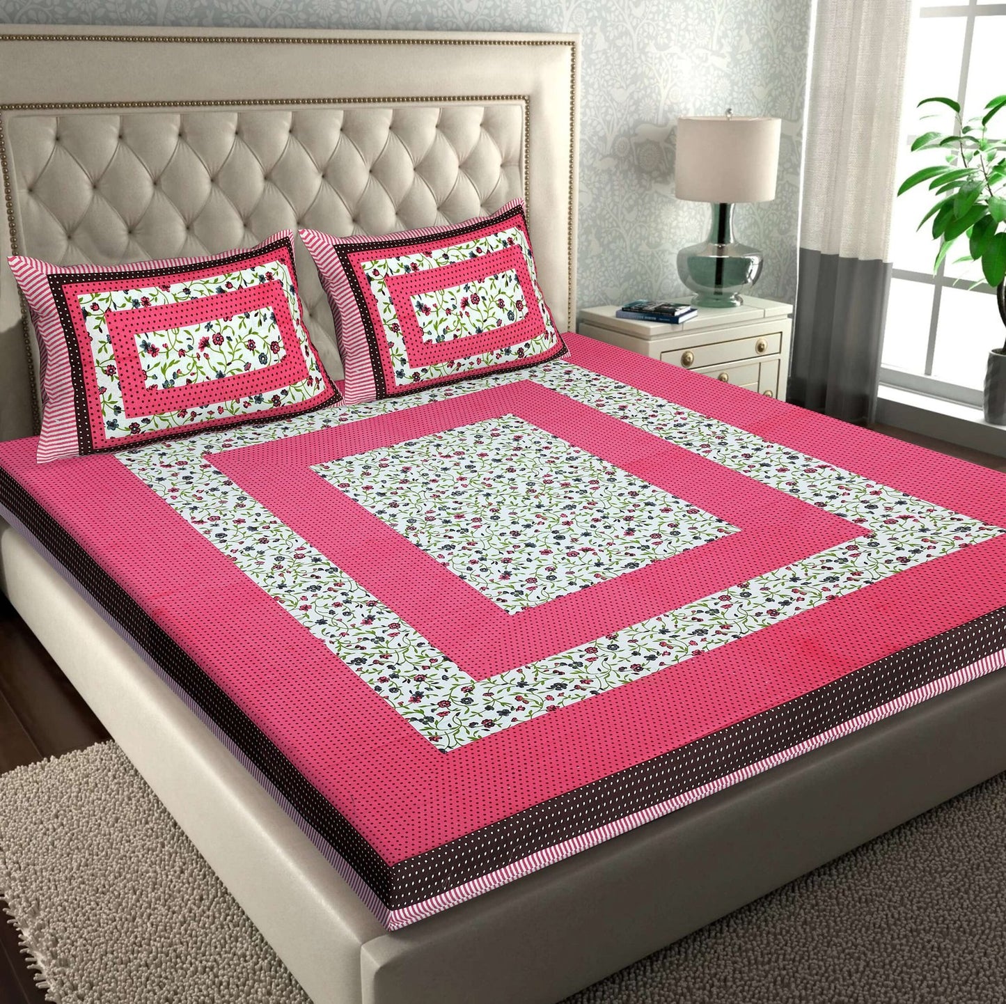 100% Pure Cotton Traditional Printed Bedsheet for Double Bed King Size Bedsheet with 2 Pillow Covers