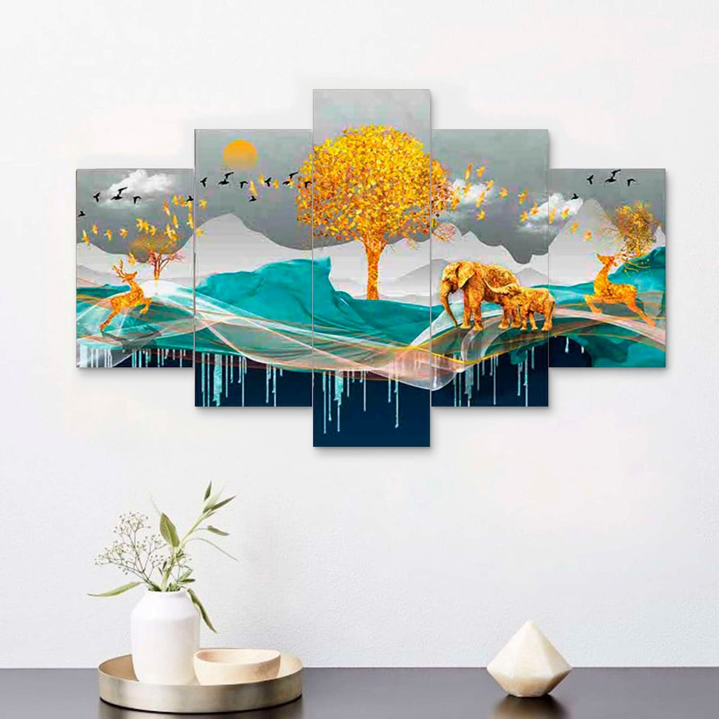 Nature Set of Five 3D Framed Paintings for Wall Decoration – Ideal for Home, Living Room, and Bedroom (75 x 43 CM)