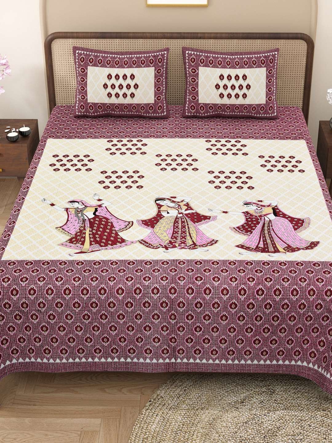 100% Pure Cotton Traditional Printed Bedsheet for Double Bed King Size Bedsheet with 2 Pillow Covers