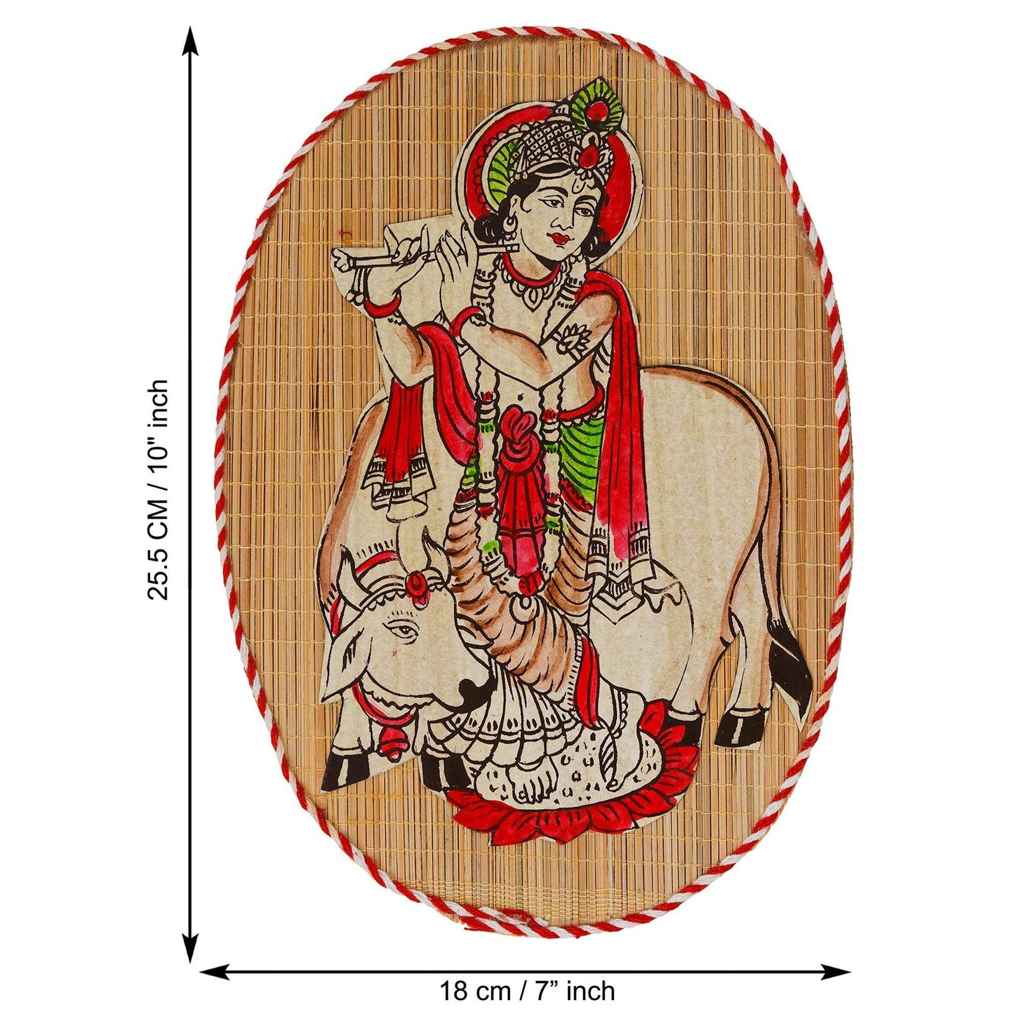 Oval Shaped Design Bamboo Hand Crafted Wall Hangings Of Krishna Ji With Holy Cow For Home D?cor | Bamboo Art For Wall Decor