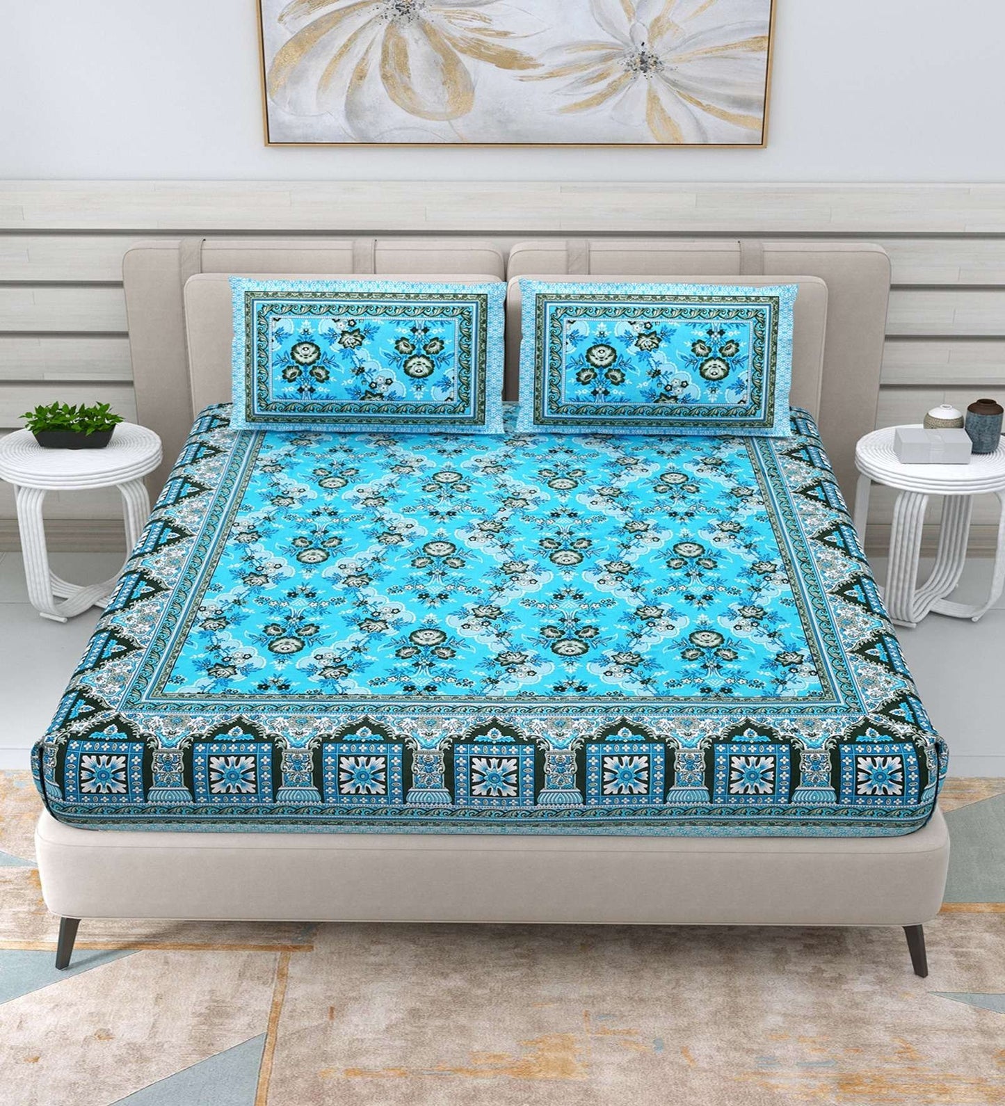 100% Pure Cotton Traditional Printed Bedsheet for Double Bed King Size Bedsheet with 2 Pillow Covers