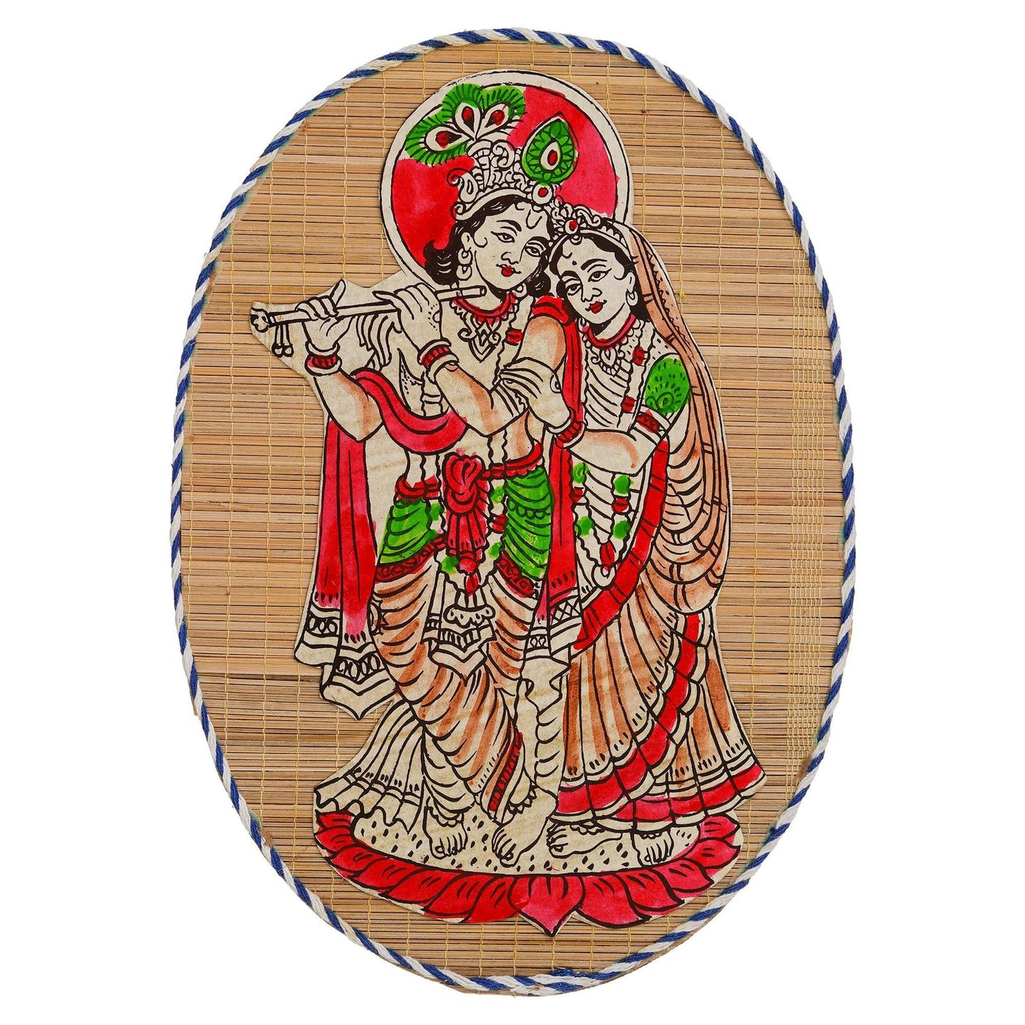 Oval Shaped Design Bamboo Hand Crafted Wall Hangings Of Krishna Ji With Radha Ji For Home D’cor | Bamboo Art For Wall Decor