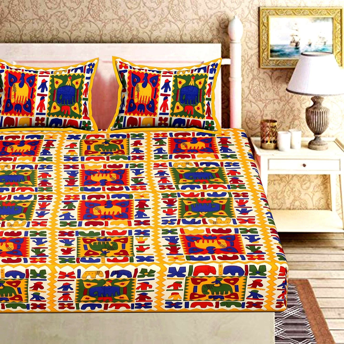 100% Pure Cotton Traditional Printed Bedsheet for Double Bed King Size Bedsheet with 2 Pillow Covers