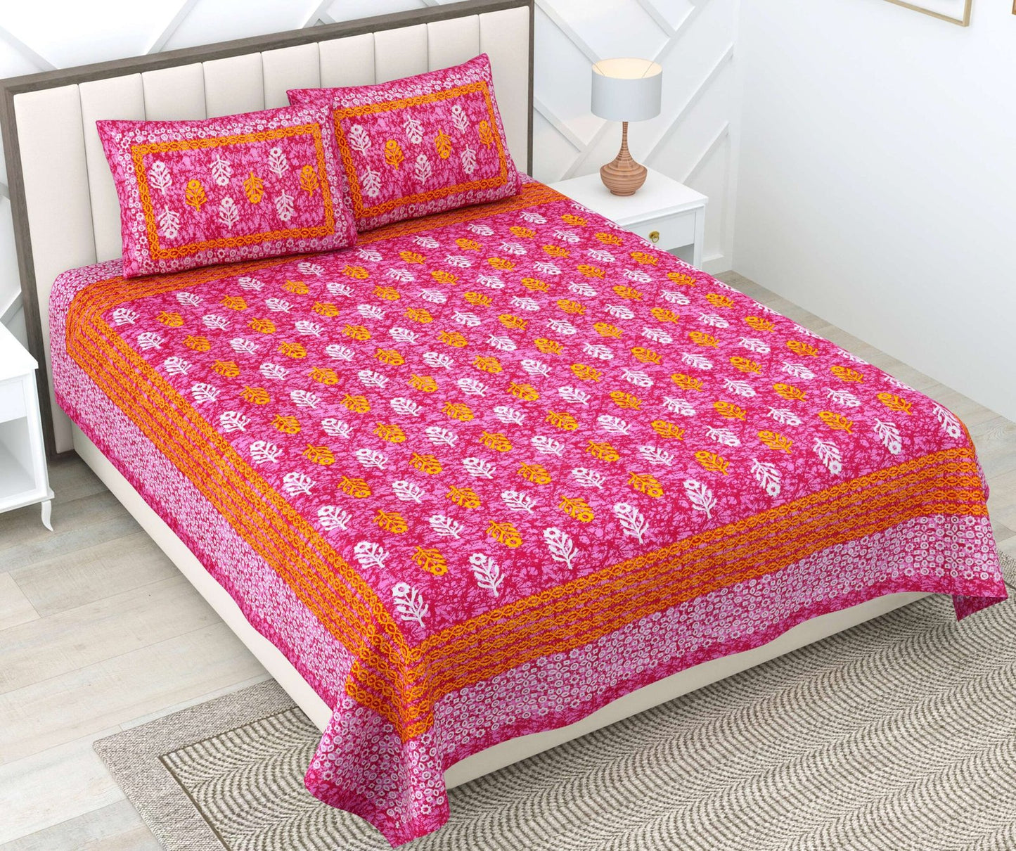 100% Pure Cotton Traditional Printed Bedsheet for Double Bed King Size Bedsheet with 2 Pillow Covers
