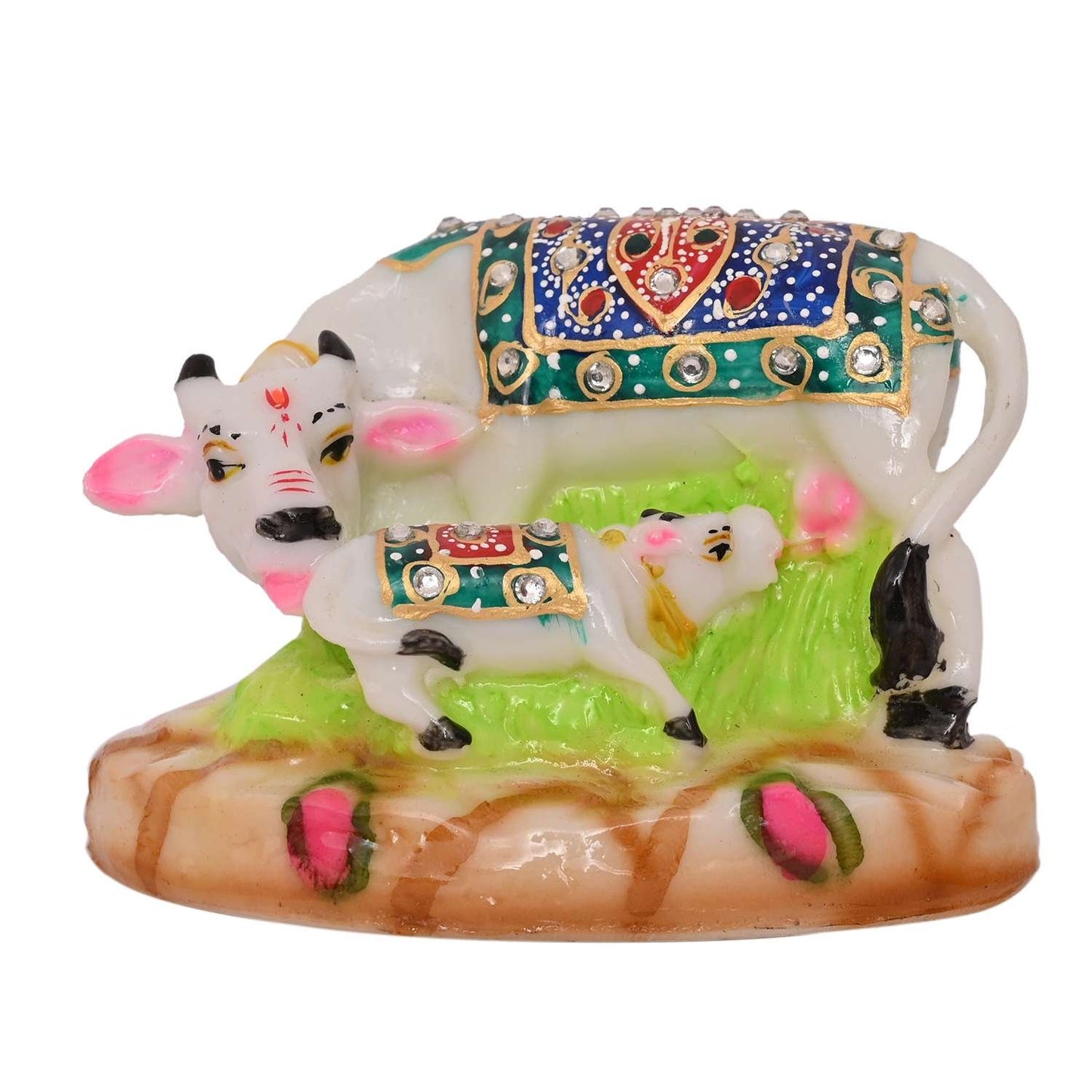 White Marble Kamdhenu Cow and Calf Statue (8.5 cm x 12 cm)