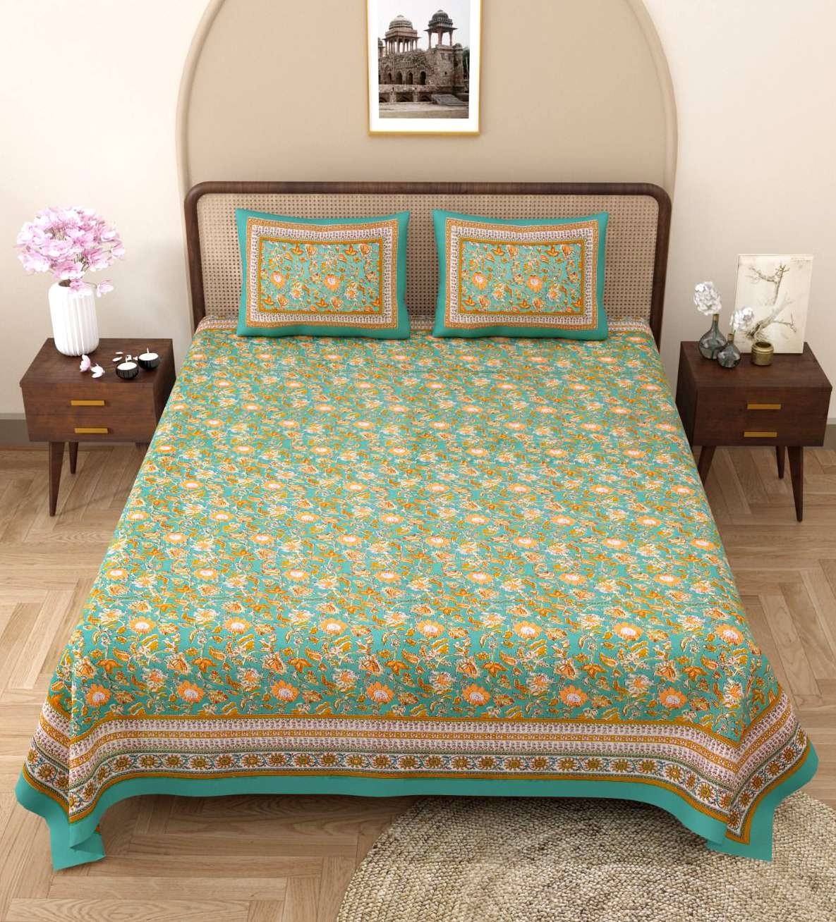 100% Pure Cotton Traditional Printed Bedsheet for Double Bed King Size Bedsheet with 2 Pillow Covers