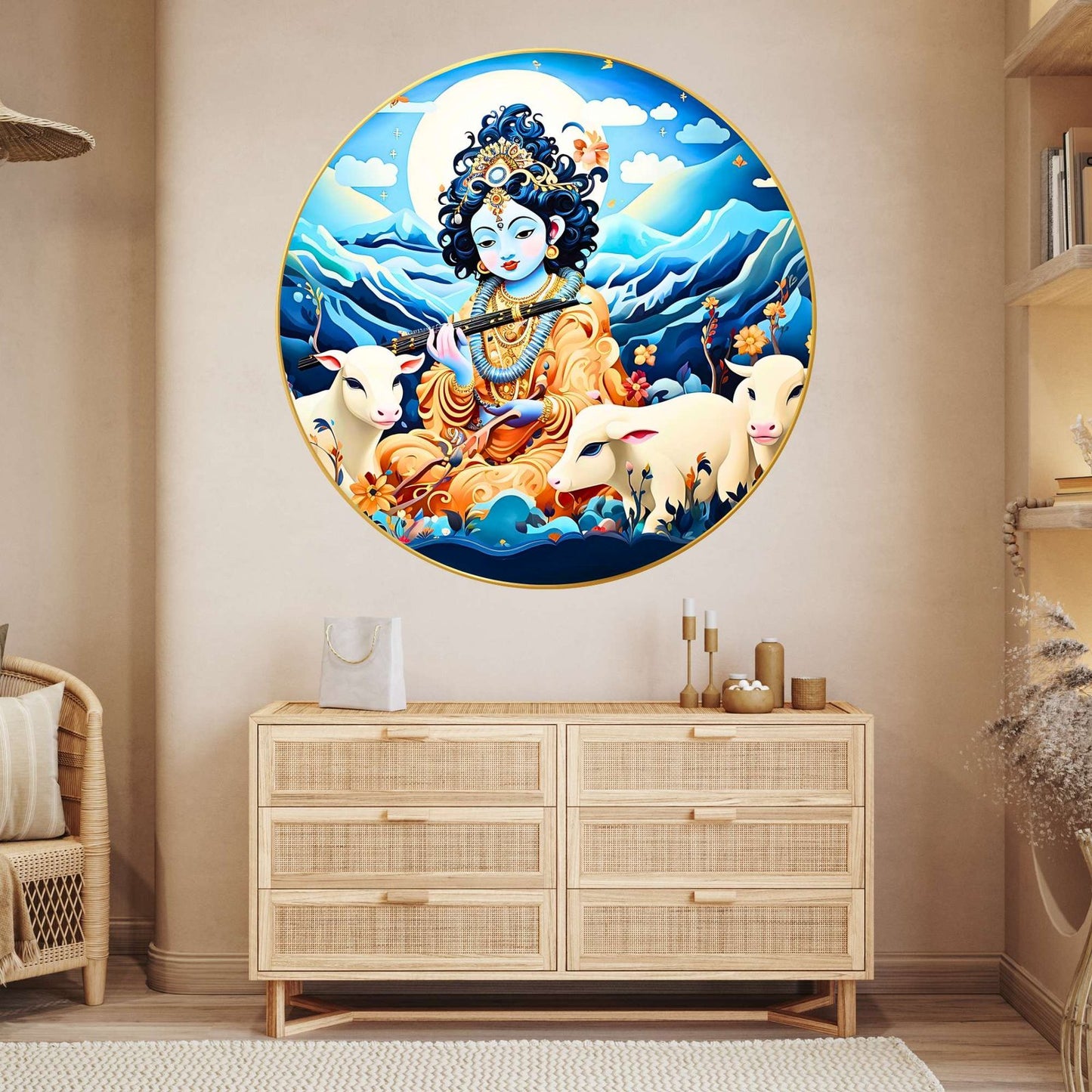 Wall Painting for Wall Decoration with Frame Sparkle Glossy Round Golden Framed Large Painting Office, Living Room, Bedroom, Home Decoration