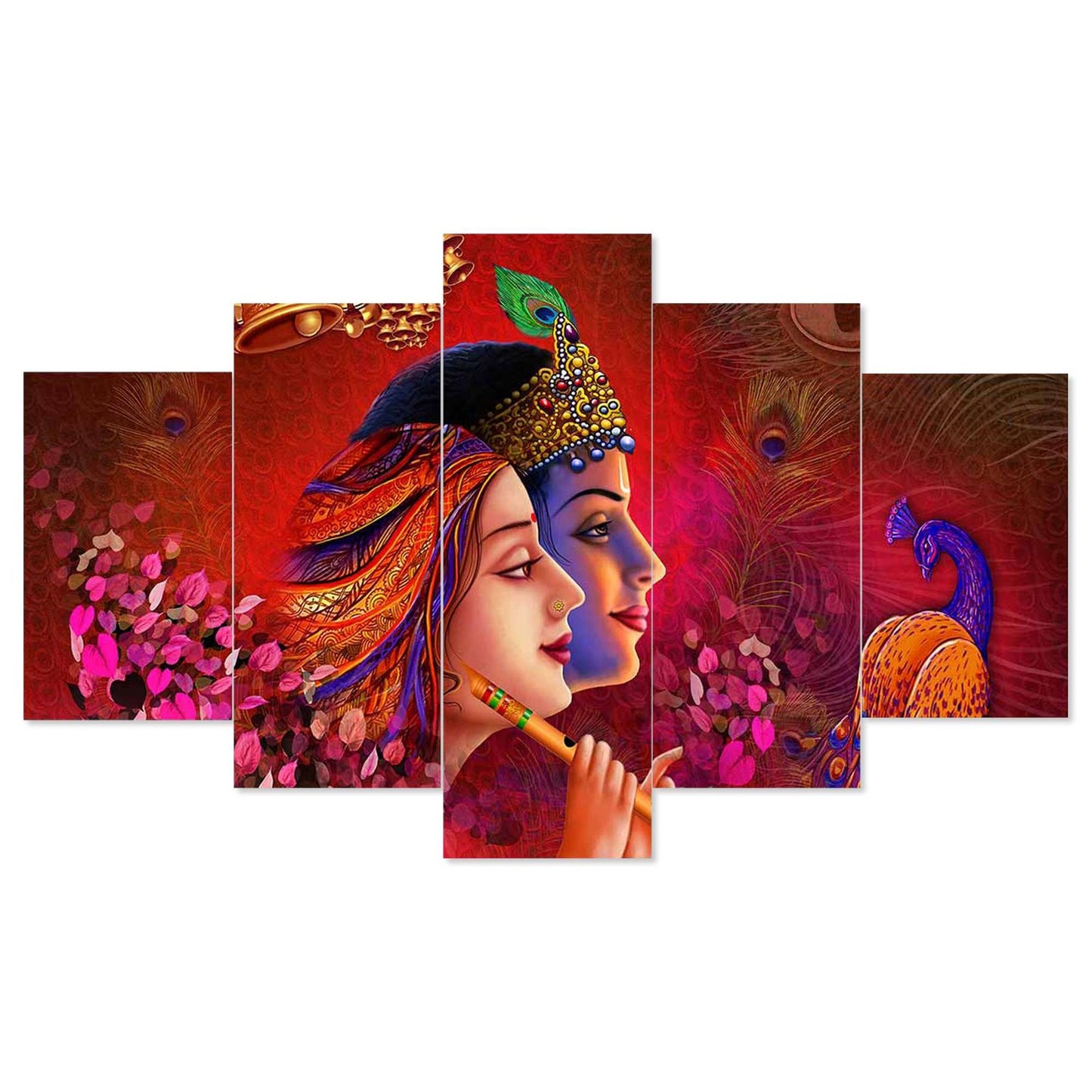 Radhe Krishna Set of Five 3D Framed Paintings for Wall Decoration – Ideal for Home, Living Room, and Bedroom (75 x 43 CM)
