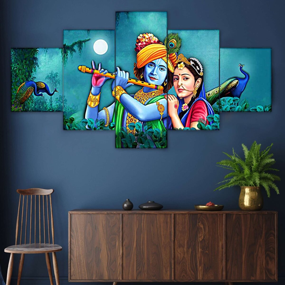 Radhe Krishna Set of Five 3D Framed Paintings for Wall Decoration – Ideal for Home, Living Room, and Bedroom (125 x 60 CM)