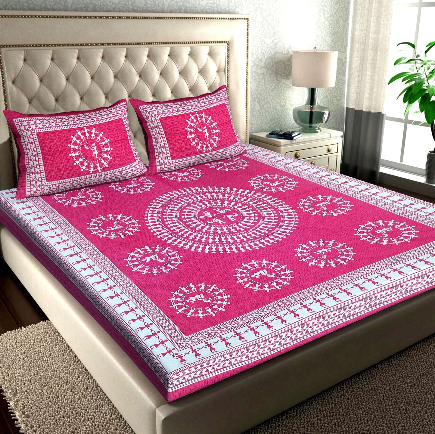 100% Pure Cotton Traditional Printed Bedsheet for Double Bed King Size Bedsheet with 2 Pillow Covers